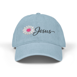 Embroidered Daisy 'Jesus' Denim Hat — Light Blue Christian Baseball Cap