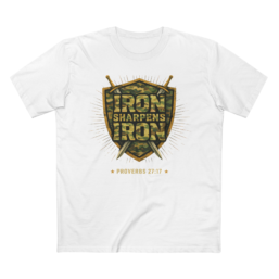 Iron Sharpens Iron T-Shirt - Proverbs 27:17 Christian Tee (Camo Shield & Swords)
