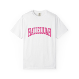 Hallelujah Graphic T-Shirt — Pink Arch Logo Casual Tee