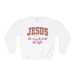 Jesus Leopard Script Crewneck Sweatshirt — "Jesus: the way the truth the life"