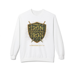 Crewneck Sweatshirt — "Iron Sharpens Iron" Proverbs 27:17 Camouflage Shield