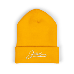 Embroidered "Jesus" Cuffed Beanie — Classic Knit Christian Hat